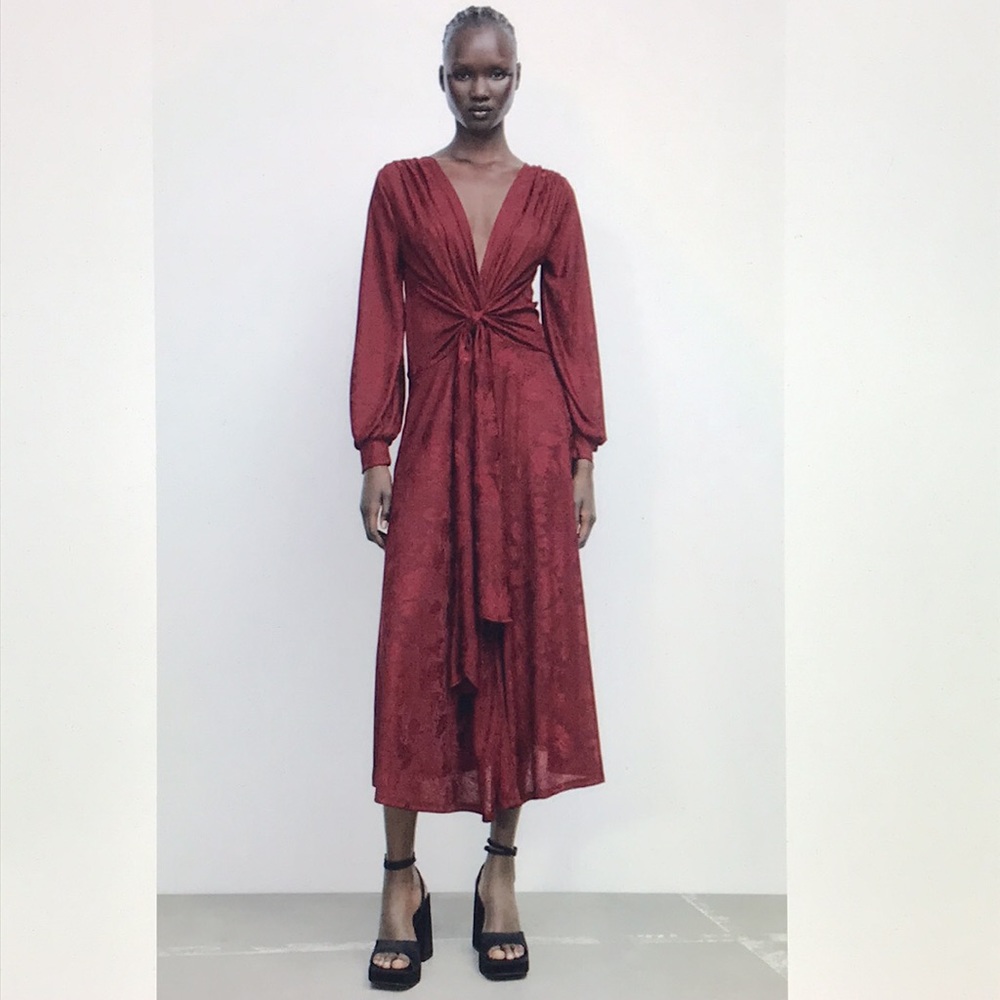 Zara V neck long jacquard dress M New
